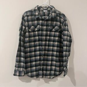 Columbia Green Blue Tan Plaid Flannel Men’s Button Up Large Omni-wick Shirt